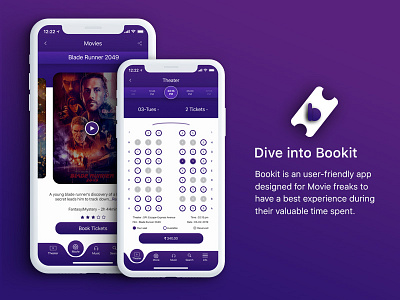 Bookit - Movie ticket booking app apple x blue booking app gradient color illustartor illustration isometric design minimal app movie app photoshop uidesign vector violet