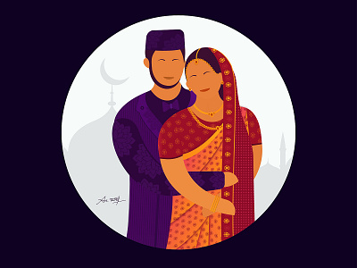 Hitched art character couple designthursday hugs i love you illustration illustrator jewel love marriage moon mosque muslim nmwdesign photography sabartism saree vector wedding