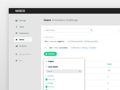 Filter administration buttons filter list list ui navigation nosco overview