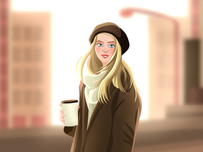 Street in winter girl holding a cup street winter
