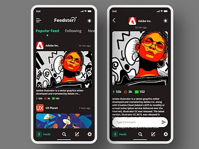 Feedster App {Dark Mode} adobe xd autoanimate feed app news ui ux xddailychallenge