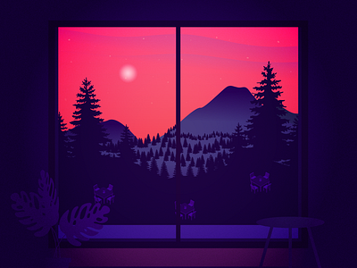Window View art clean creative design gradient illustraion moon mountains plants sky stars table trees vector view window