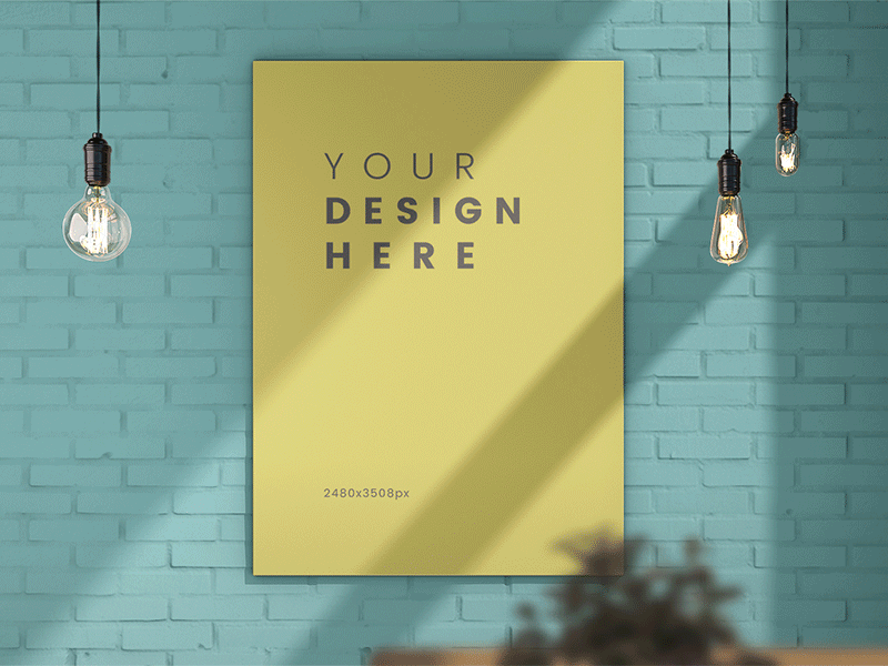 Poster on the wall / PSD mock-up blur brick change color composition creative design graphic high resolution illuminated illumination lamp mock up mock up mockup poster potted plant psd shadow smart objects wall