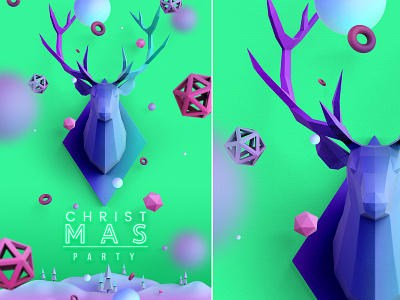 Christmas Poster in Aquamarine Color 3d animated aquamarine broshure celebrate christmas christmas tree color cover deer design event flyer graphic holiday horn leaflet low poly poster psd