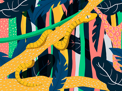 Neon jungle bright character colors illustration jungle leaves neon procreate snake textures trees