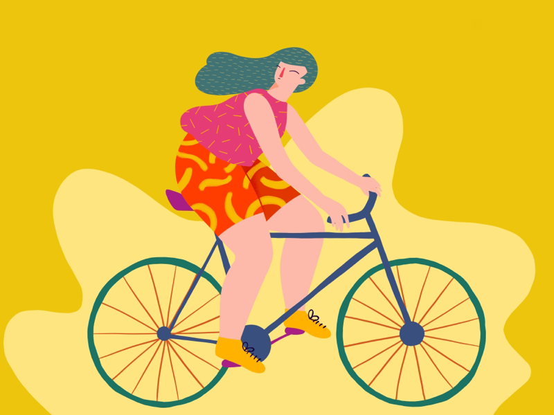 Girl riding bike modern riding bicycle flat textures pattern minimalist procreate illustration character woman girl