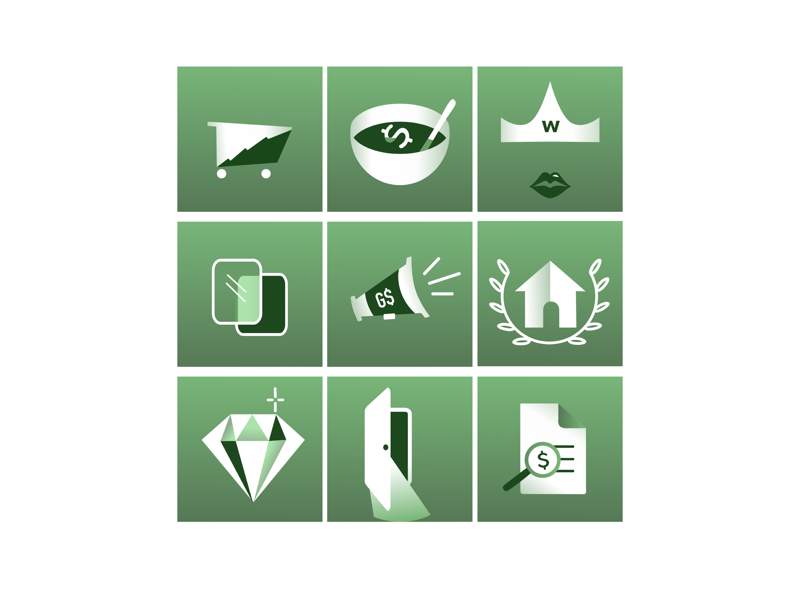 Social Icons for Wealth Management graphic design illustrator marketing social media marketing icons carts crowns home taxes wealth money green finacial literacy