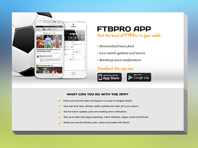 FTBpro Mobile Landing Page android app appstore google play iphone landing mobile page samsung soccer