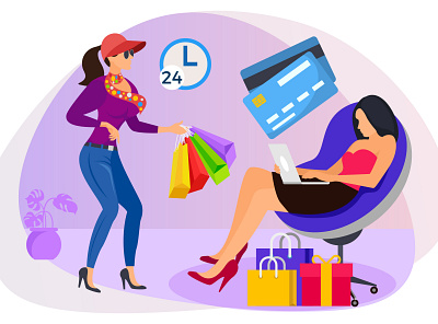 Online shopping on website application vector concept version 26 24hours application art buy concept credit card customer design female gift box graphic illustration internet laptop offer online shop online shopping payment store website