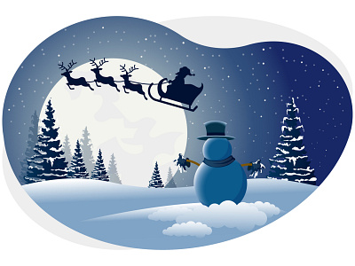 Merry christmas & winter art celebration christmas decoration design festival fly graphic illustration merry merry christmas moon pine trees santa claus sky snow snowflakes snowman winter xmas