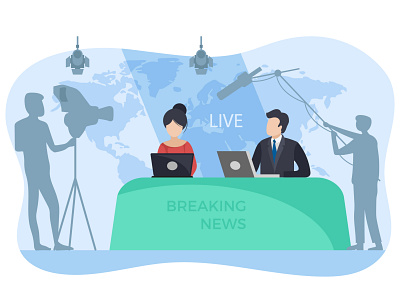 News anchors siting in News studio Illustration breaking news capturing communication female illustration international news live news male media news anchor news broadcast news channel news reporting person recording reporter shooting social studio videographer