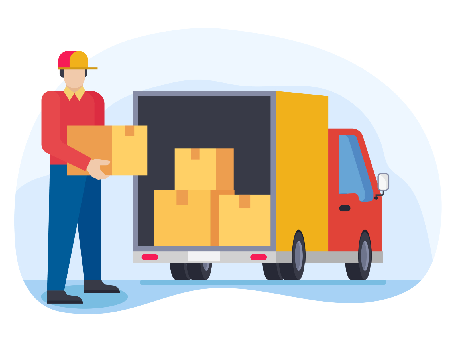 Delivery person loading parcels in truck arranging parcel box boy cargo carry character consignment courier courier service deliver order delivery delivery boy delivery consignment delivery guy delivery service delivery vehicle deliveryman express food-delivery