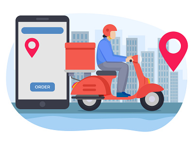 Delivery guy going to delivery food delivery art delivery boy delivery location delivery person deliveryman design food delivery food service gps graphic illustration location location pin map mobile navigation postman scooter smartphone vehicle