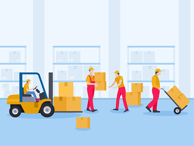 Workers arranging packages in warehouse boy delivery guy delivery person delivery service deliveryman forklift male man people person postman shipping shipping service storage facility storage room ware house warehouse warehouse management warehouse workers worker