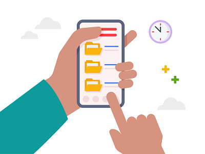 Hand holding smartphone with files folders 👇🏼 time