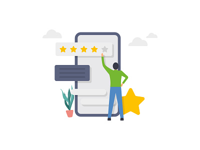 Characters giving five star feedback. Customer reviews stars 👇 design