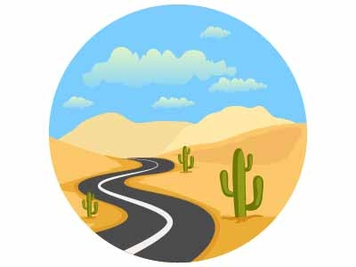 Landscape landforms desert landmark way road cactus clouds hills mountains nature illustration landscape