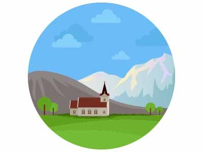 Landscape home landforms snow greenery trees hills mountains clouds nature illustration landscape