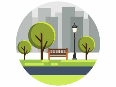 Landscape landforms greenery lamp bench city buildings road trees nature illustration landscape