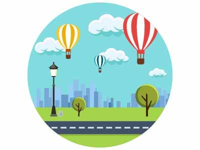 Landscape road city buildings air balloon trees landmark clouds nature illustration landscape