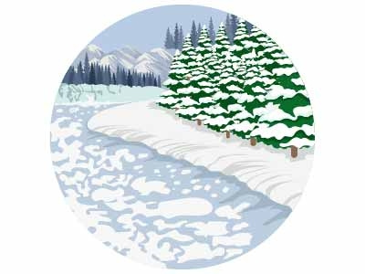 Landscape frozen mountains glacier hills ice mountains illustration landforms landmark landscape mountains nature pine trees scenery sea snow trees winter