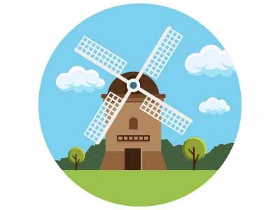 Landscape building clouds ecology illustration landforms landmark landscape mill nature trees turbine windmill