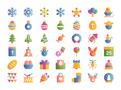 Christmas and Easter-1 25 bible celebration christmas christmas and easter church cold decoration easter gifts gradient color icons set illustration party pine trees snow snowflakes sweets winter