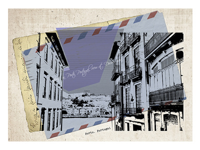 retro postcard of Porto architecture buildings city collage envelope europe landscape photoshop art porto portugal postcard poster retro silhouette stamps tourism vintage