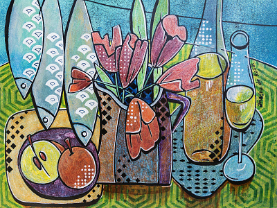 Nice Day2, still life acrylic alcohol art artwork beer cafe coast drink fish home naive netherlands outside painting restaurant still life tulips wine