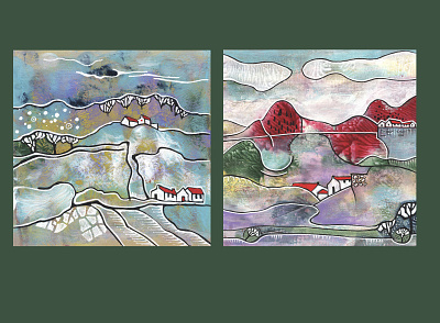 seasonal landcsape, acrylic abstract acrylic decorative houses landscape moody mountains rural seasons village weather
