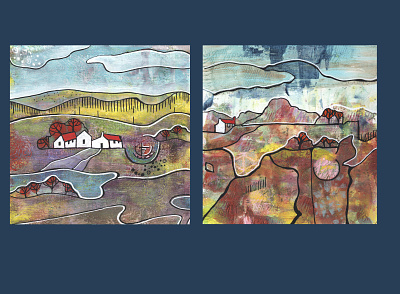 Original seasonal landscape abstract acrylic decorative houses landscape moody mountains rural seasons village weather