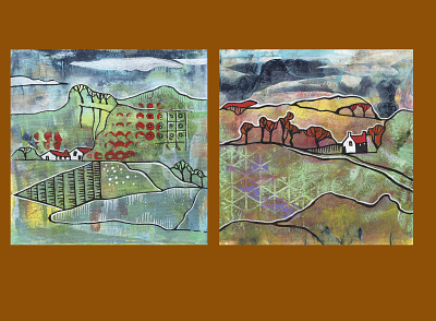 Original seasonal landscape abstract acrylic country decorative landscape original rural seasons village weather