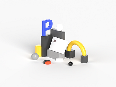 P as a Payment ball blue box card cgi composition credit card grey icon illustration isometric isometric illustration letter payment pipe plastic card render ui design yellow