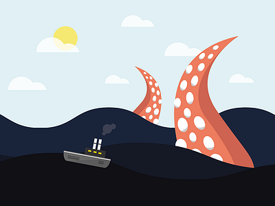 Giant octopus horror story boat clouds flat giant horror illustration octopus story sun water