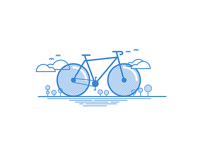 Bike illustration - Linear Study bicycle bike birds blue clouds illustration linear lines trees