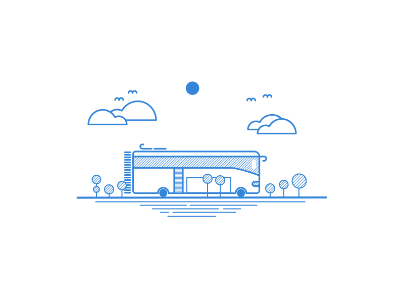 Small Bus Illustration - Linear Study autobus wheel tree travel road drive sun bus pattern line art cloud blue