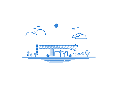 Small Bus Illustration - Linear Study autobus blue bus cloud drive line art pattern road sun travel tree wheel