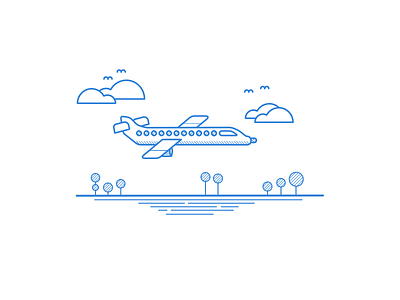 Aeroplane Illustration - Linear Study birds blue cloud flight landing line art pattern plane travel tree trees windows