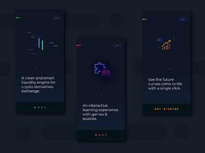 On-boarding concept for a derivative exchange app. dark design flat minimal ui