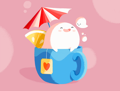 Ghost in the cup 2d character design characters color cozy cute digitalart fluffy ghost illustration ipadpro lemon procreate quarantine safe tea texture