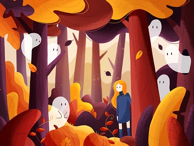 Halloween magic 2d art autumn character design color cute forest ghosts girl halloween illustration leaves magic october photoshop plants pumpkins spooky texture