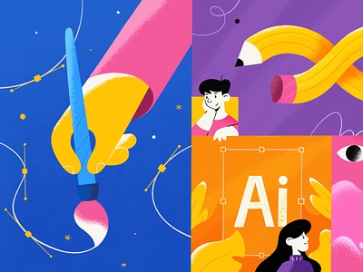 Creative tools 2d abstract animators boy character design color cute design digital energy girl icons illustration pencil plants procreate space stepdraw texture