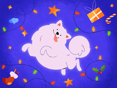 New Year Pudra character design cheerful christmas color cute decorations dog dog illustration float fluffy holiday illustration ipadpro new year presents procreate samoyed stars stepdraw texture