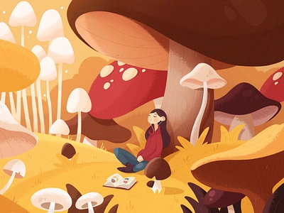 Mushroom Lo-fi 2d autumn character design chill color dream fall forest girl illustration magic mushrooms music photoshop plants relax study texture vibe