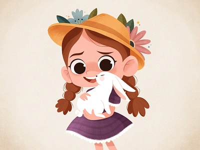 Girl with the bunny art bunny character design color cute dress flowers girl hat illustration procreate texture