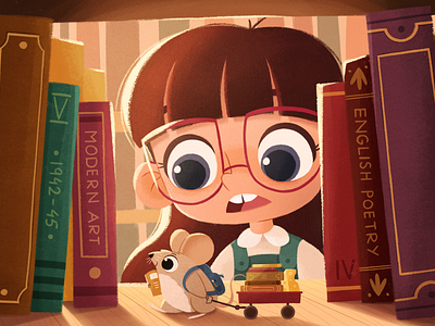 The Little Scholar books character design color cute education girl illustration library light mouse photoshop procreate scholar school student study texture