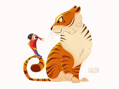 Tiger and parrot animals cartoon character design color illustration parrot practice procreate texture tiger