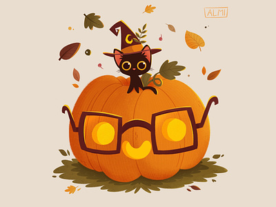 Halloween 2021 cat character design cute halloween illustration leaves magic october procreate pumpkin spooky texture