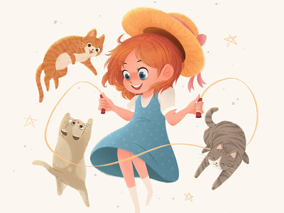 Skip rope with stray cats animals cats character character design childrens illustration color cute girl graphic design illustration kids procreate texture