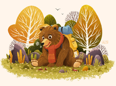 Exhausted hiker adventure backpack bear character design childrens illustration color cute forest illustration kidlit nature photoshop procreate texture travel